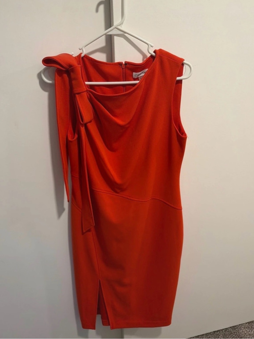 Calvin Klein Vibrant Orange One-Shoulder Sheath Dress with Shoulder Tie